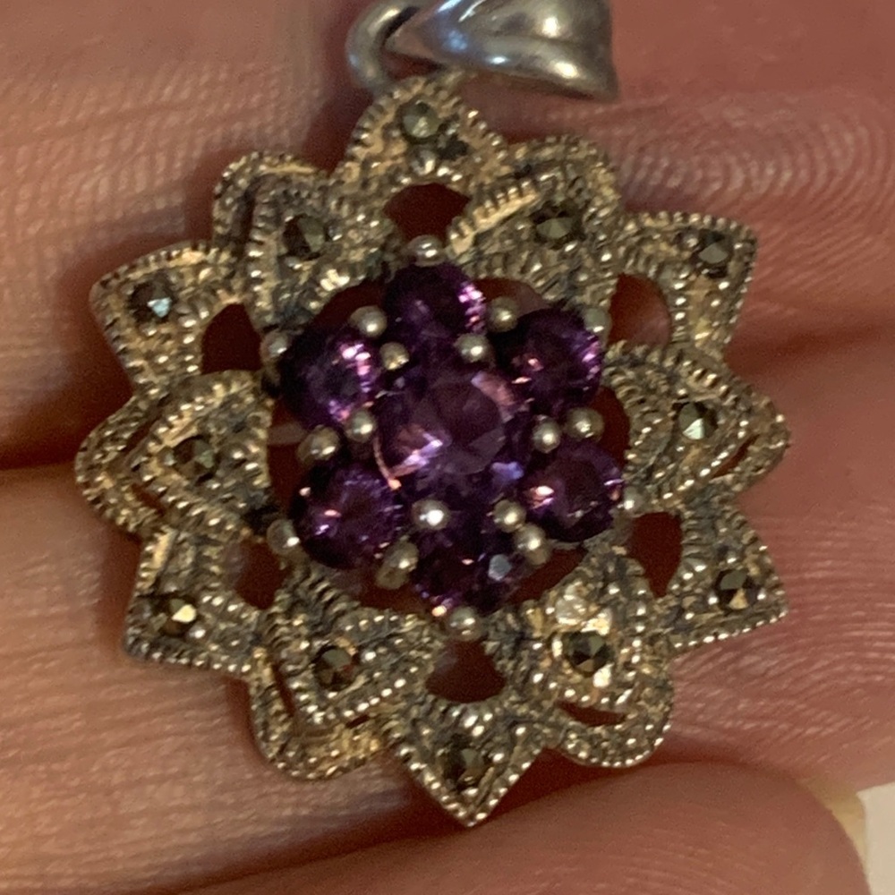 Elegant Purple Amethyst Vintage Sterling Silver Pendant with Marcasite